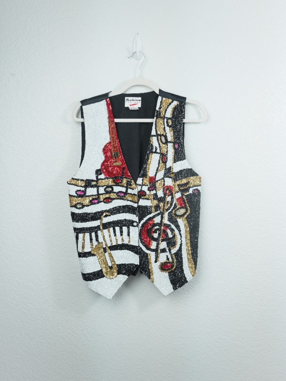 Vintage 80s Fashion Fantasy Sequin Music Note Vest Size S Jazz Piano Saxophone